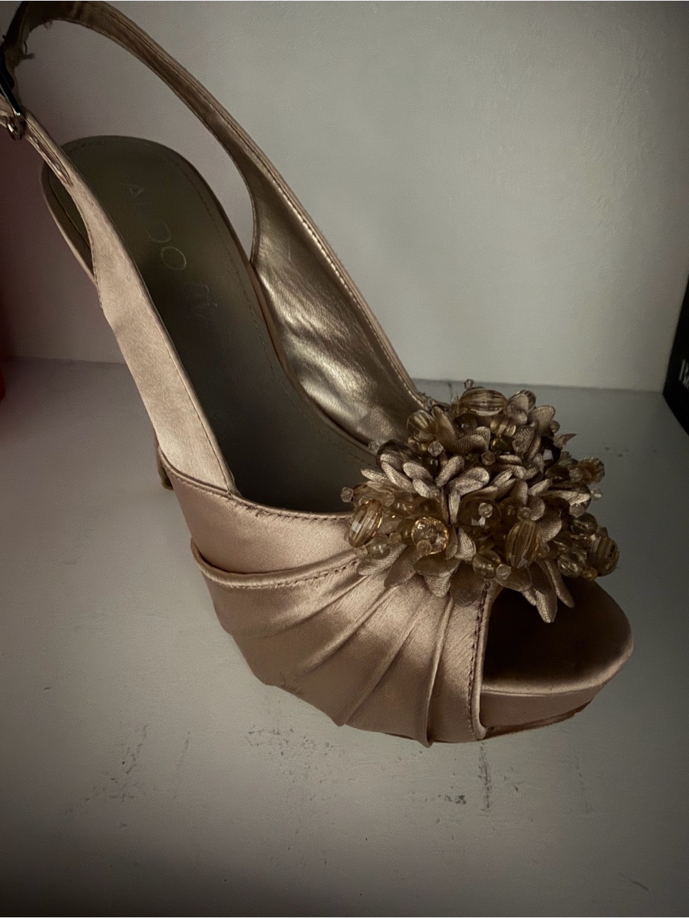 Aldo Champagne Satin Peep-Toe Slingback Heels with Beaded Floral Applique